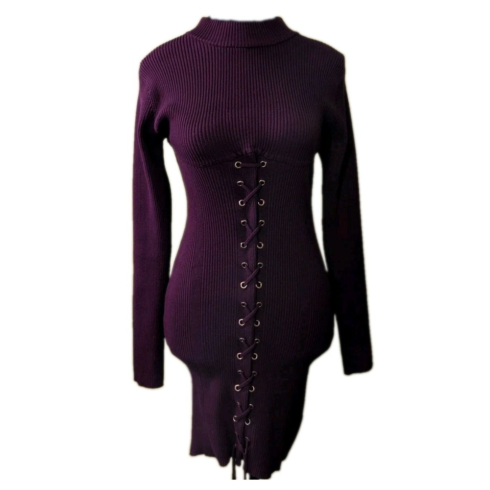 Say What? Women's XL Burgundy Ribbed Lace-Up Sweater Dress Bodycon Y2K Goth Midi